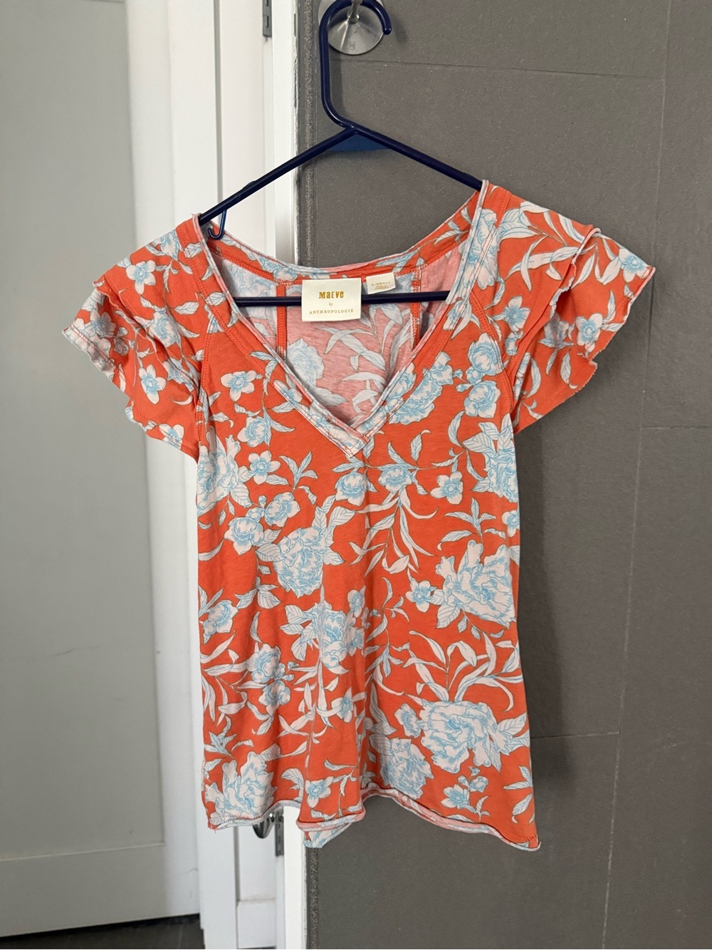 Maeve by Anthropologie Floral Ruffle Flutter Sleeve Top Orange Blue XS